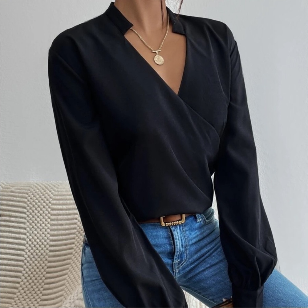 NEW! Luxe Surplice Semi Sheer Black Elegant Blouse! - Picture 3 of 5